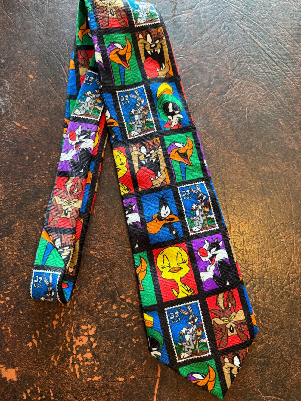 Vintage Looney Tunes Stamp Collection Character Necktie Bugs Bunny Tweety Taz